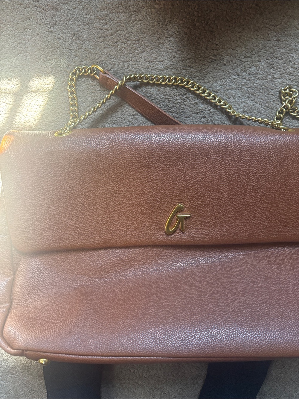 Brown Pebbled Leather Shoulder Bag with Gold Chain Strap